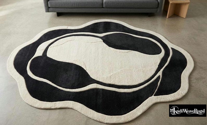 Black and Ivory Abstract Wool Rug, Hand Tufted New Zealand Wool ...