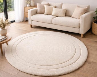 Luxury Round Handmade New Zealand Wool Rug, Soft Tufted Minimal Modern Area Carpet