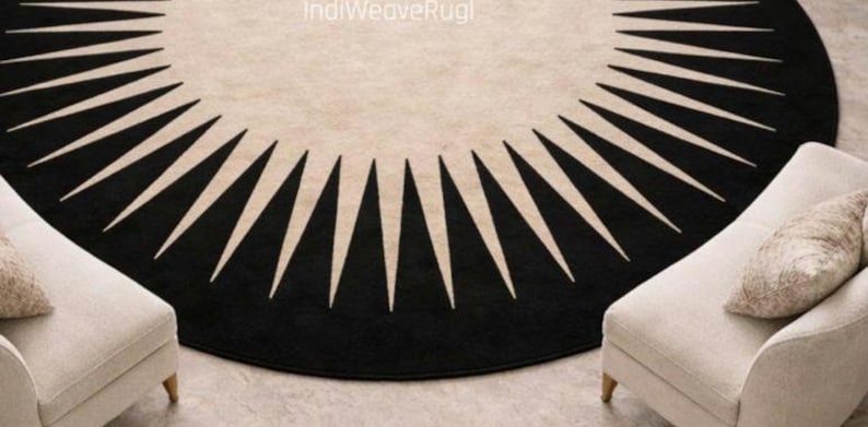 large round sunburst rug minimalist home styling.        living room round rug
