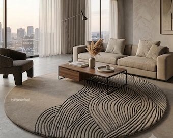Modern Abstract Hand Tufted New Zealand Wool Rug, Luxury Beige Round Area Rug, Contemporary Living Room Carpet, Custom Size Rug