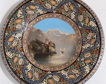 Enorme cargador de mayólica suizo antiguo pintado a mano Thoune, firmado, 40 cm C1880/1900