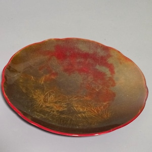 Puede incluir: Un plato decorativo ovalado con borde rojo. El interior del plato presenta una mezcla de tonos marrón, rojo y amarillo, con un aspecto texturizado. El diseño se asemeja a un paisaje natural.