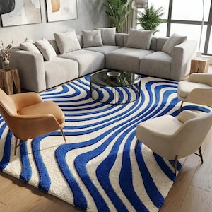 Blue White Abstract Rug, Hand Tufted Wool Area Rug, Modern Wavy Pattern Carpet, Contemporary Scandinavian  Rugs For Living Room, Bedroom