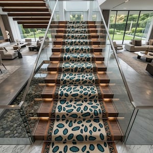 Luxury Hand Knotted Wool Runner Rug, Custom Stair Runner Carpet, Ivory Teal Leopard Pattern Rug, Greek Key Hallway Runner