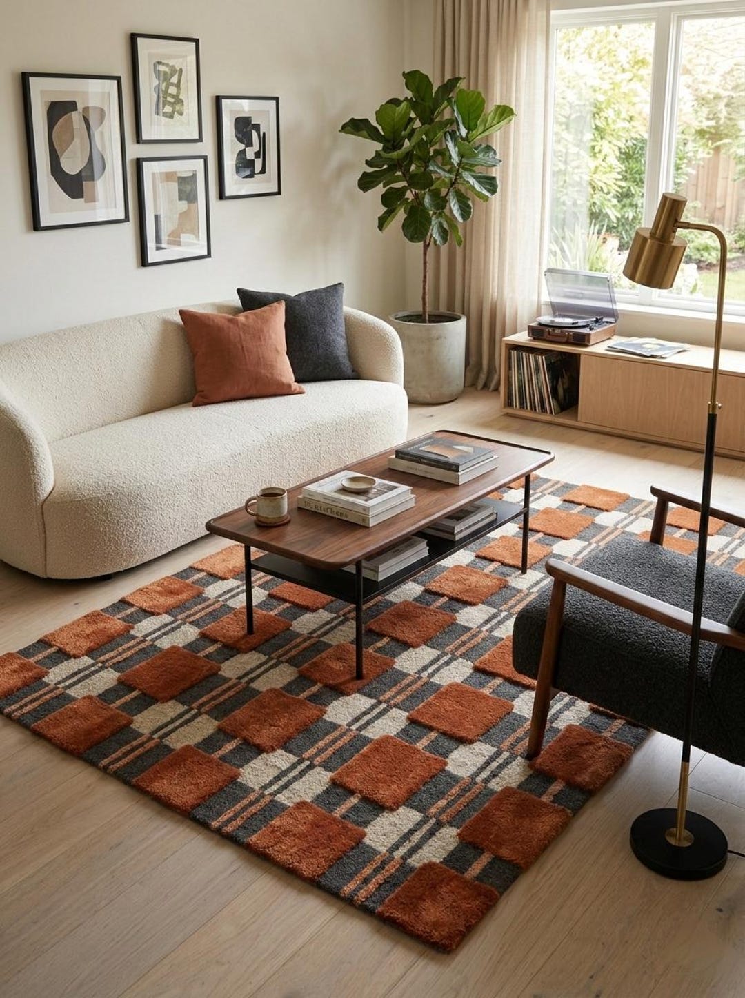 Rust And Ivory Check Rug Rust Checkered Rug, Modern Plaid Area Rug, Brown Cream Geometric Tufted ...