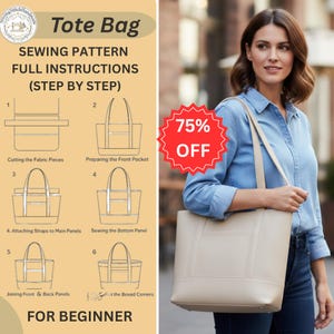 Modello di cucito per borsa tote in PDF / Borsa tote in tessuto fatta a mano / Design per shopping in tela / Adatto ai principianti