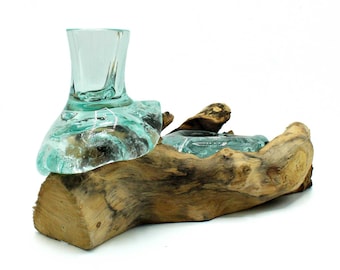 Molten Glass Small Flower Vase and Tealight Holder on Wood