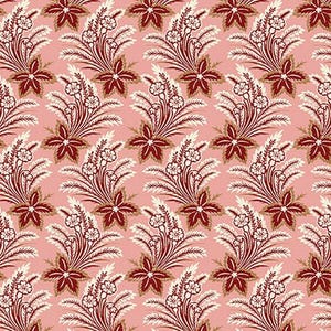 Puede incluir: Patrón repetitivo de ramos florales estilizados y flores en forma de estrella. El diseño presenta elementos burdeos, crema y dorados sobre un fondo rosa claro. El patrón es simétrico y adecuado para tela o papel pintado.