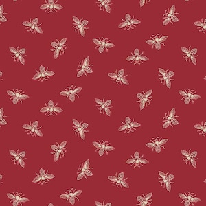 Peut inclure: Motif répété d'abeilles crème sur fond rouge foncé. Les abeilles sont détaillées avec des ailes, des antennes et des abdomens rayés. Le motif est espacé de manière uniforme, créant un motif visuellement attrayant et cohérent.