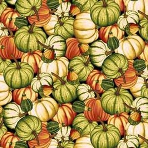 Op de afbeelding: Een dicht stofpatroon met pompoenen in verschillende maten en kleuren. De pompoenen zijn voornamelijk groen, wit, oranje en crème, sommige met een textuuroppervlak en zichtbare stelen.