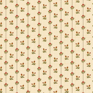 Peut inclure: Tissu crème avec un motif répété de petites fleurs rouges, de feuilles vertes et de lignes pointillées marron. Le motif floral est disposé en rangées verticales, créant une esthétique classique et vintage. Le tissu a un aspect légèrement texturé.