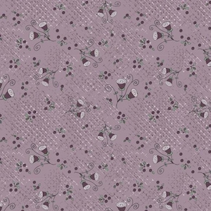 Op de afbeelding: Een mauve stof met een herhalend patroon van donkerpaarse gestileerde bloemknoppen op dunne stengels met krullende lijnen en kleine groene blaadjes. De achtergrond heeft een subtiele, lichtgekleurde, gearceerde textuur in het ontwerp.