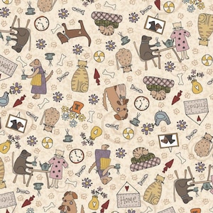 Puede incluir: Un patrón repetitivo y caprichoso con perros y gatos de dibujos animados, relojes, flores, huesos y cuadros enmarcados sobre un fondo beige con huellas de patas. El diseño evoca el tema de las mascotas y el hogar.