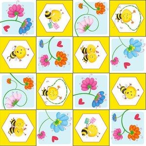 Peut inclure: Un motif coloré avec des abeilles, des fleurs et des cœurs de dessins animés. Les abeilles sont jaunes avec des rayures noires, et les fleurs sont roses, oranges et bleues. Le fond est un mélange de carrés jaunes et bleu clair.