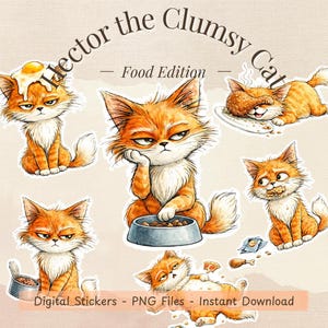 Peut inclure: Ensemble d'autocollants numériques représentant un chat roux avec une expression grincheuse. Le chat est représenté dans diverses poses avec des aliments, dont un œuf au plat, une cuisse de poulet et un bol de nourriture. Le texte indique "Hector the Clumsy Cat - Food Edition".