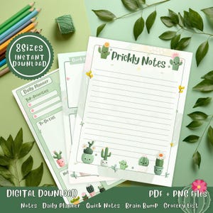 Printable Notepad Bundle, Kawaii Cactus Stationery, Lined and Blank Pages, Daily Planner, Grocery List, Quick Notes, Digital Download