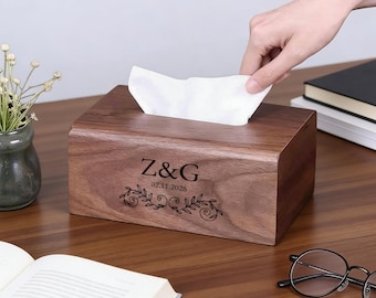 Personalized Solid Wood Tissue Box Cover – Custom Walnut Wooden Holder, Minimalist Rectangular Tissue Case, Modern Home & Desk Decor