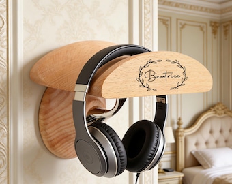 Personalized Floating Wooden Headphone Hanger – Wall Mounted Beech or Walnut Headset Holder, Custom Desk Organizer, Minimalist Gift