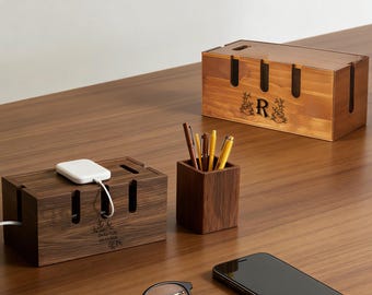 Personalized Wooden Cord Organizer Box – Cable Management, Wire Hider, Desk Tidy, Valentine Gift for Her, Office Decor