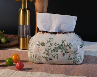 Floral Ceramic Tissue Box Cover – Handmade Vintage Home Decor, Painted Flowers, Elegant Gift for Living Room, Valentine’s Day Gift