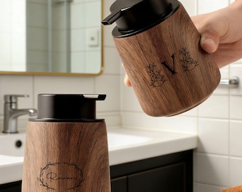 Personalized Foaming Soap Dispenser – Walnut Grain Lotion Pump Bottle, Wood Grain Shampoo & Body Wash Bottle, Luxury Bathroom Decor