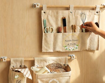 Personalized Canvas Wall Hanging Organizer Cotton Linen Bedside Storage Bag Hanging Pocket