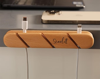 Personalized Wooden Cable Organizer for Desk – Walnut or Cherry Cord Holder, Custom Wire Management Stand, Desk Cable Organizer