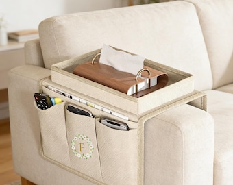 Personalized Sofa Armrest Organizer – Hanging Remote Control Holder, Couch Side Storage Bag, Phone Pocket, Fabric Armrest Tray