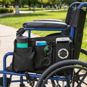 Può includere: Una borsa laterale nera per sedia a rotelle con più tasche, contenente un bicchiere turchese e nero, occhiali, penne, un telefono e altri oggetti. La borsa è attaccata a un telaio blu della sedia a rotelle. Una ghirlanda floreale circonda il nome "Samuel".