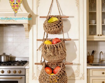 Handmade Macrame 3-Tier Hanging Fruit Basket Vegetable Storage Organizer Kitchen Fruit Hammock
