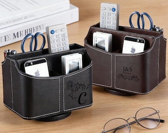 Personalized Leather Remote Control Holder – Custom Desk Organizer Caddy, Apple TV Remote Stand, Modern Home Office Decor