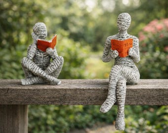 Set beeldjes voor lezende boekenliefhebber, decor literaire sculptuur, lezerscadeau, decoratie bibliotheekplank