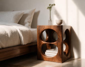 Mesita de noche artesanal de madera maciza, mesa auxiliar moderna de nogal, mesita de noche escultural con almacenamiento abierto, muebles de dormitorio.