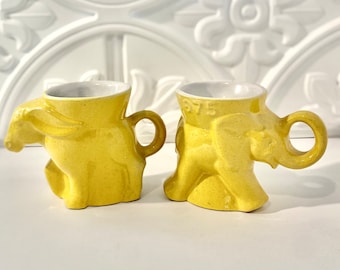 Frankoma pottery elephant and donkey coffee mugs, yellow coffee mugs, vintage politics, DC decor