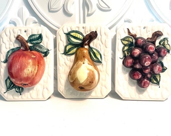 Vintage ceramic fruit wall plaques, dimensional fruit, fruit decor, Pear, grapes, apple, Kitchen decor, restaurant decor, cafe decor