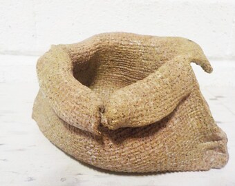 Business card holder, sack, burlap , pinch pot, beige, office decor, calling card holder, vintage, handmade