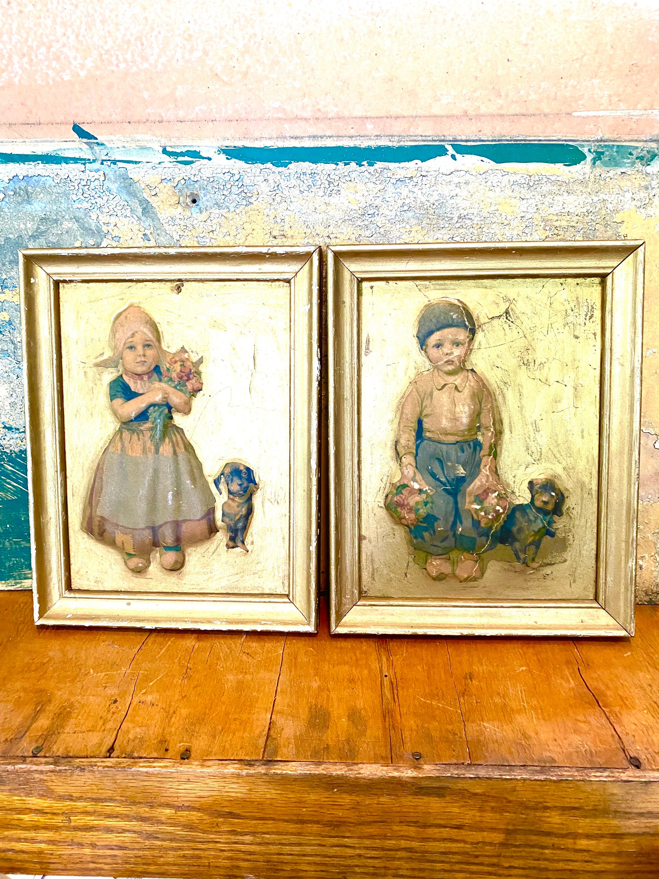European antique old Dutch little boy/little girl figure painting (a set of  two) - Shop Antique Aunt Vintage Shop Posters - Pinkoi