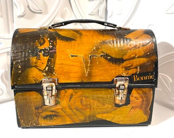 Metal lunchbox purse decoupage + fashion model +  1970's + top handle + lunchbox handbag + Sepia