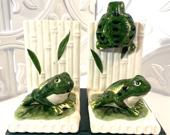 Frog bookends +green and white +pair +frog and bamboo + Woodland decor +lake house decor+Garden room decor