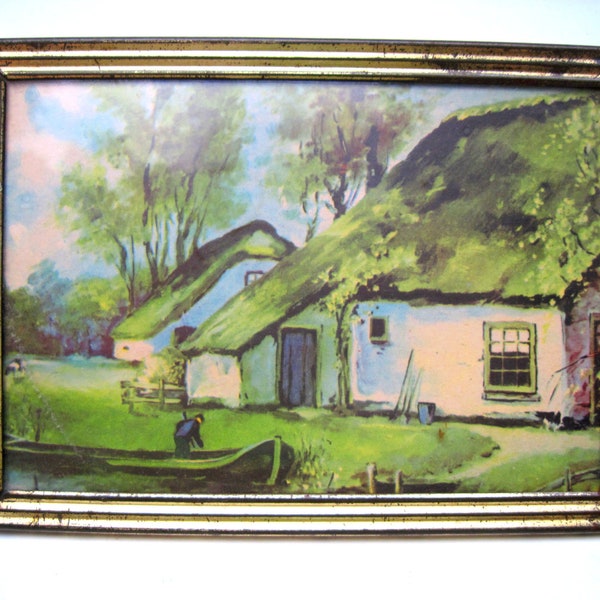 Mid century framed print cottage -england-Ireland small blue green white