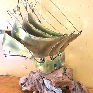Huge Brutalist brass ship sculpture, retro nautical decor, Brass schooner, wooden base with occluded rock, yacht decor