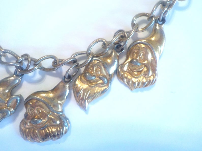 gold toned Vintage Seven Dwarfs charm bracelet shabby Snow white