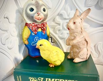 Vintage Easter decor, bunnies, chick, tin toy , paper mache bunny, Cute Easter, Centerpiece