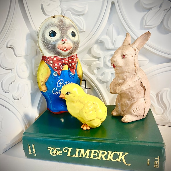 Vintage Easter decor, bunnies, chick, tin toy , paper mache bunny, Cute Easter, Centerpiece