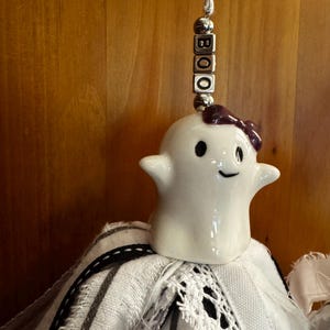 Ghost Tassel, Halloween Ghost Ornament with Bow & "BOO" Beads, Spooky Kitchen Knob Hanger, Handmade Fall Home Decor