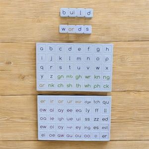 May include: White magnetic letter tiles arranged on a wooden surface. The tiles spell "build" and "words". Two rectangular trays contain individual letter tiles in black and green, designed for educational word building activities.