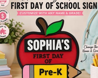 Interchangeable First Day of School Apple Sign 3MF File | Customizable Name, Grade Tags