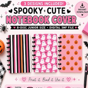 May include: Three 8-disc junior size notebook covers featuring digital designs: one with black, white, and orange vertical stripes, one with white ghosts on a pink background, and one with orange jack-o'-lanterns on a pink background.