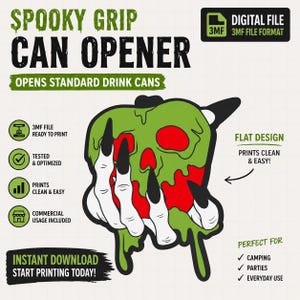 Pode incluir: Um arquivo digital 3MF para um abridor de latas Spooky Grip, com um gráfico de uma mão esquelética com unhas pretas longas segurando uma maçã vermelha coberta de lodo verde escorrendo. O design inclui etiquetas de texto sobre formato e uso.