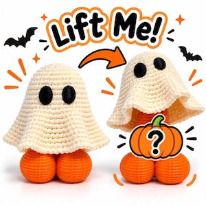 May include: A cream-coloured crocheted ghost figure with black eyes standing on two orange spherical feet. The text Lift Me! appears above the ghost, which can be lifted to reveal an orange pumpkin graphic with a question mark on its front.